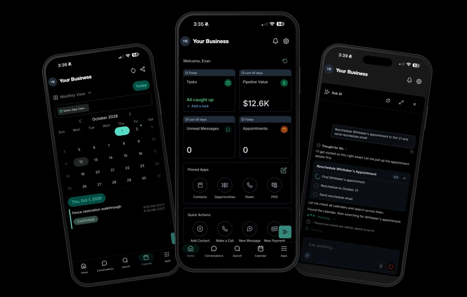 The Apela One mobile app: calendar, dashboard, and AI assistant